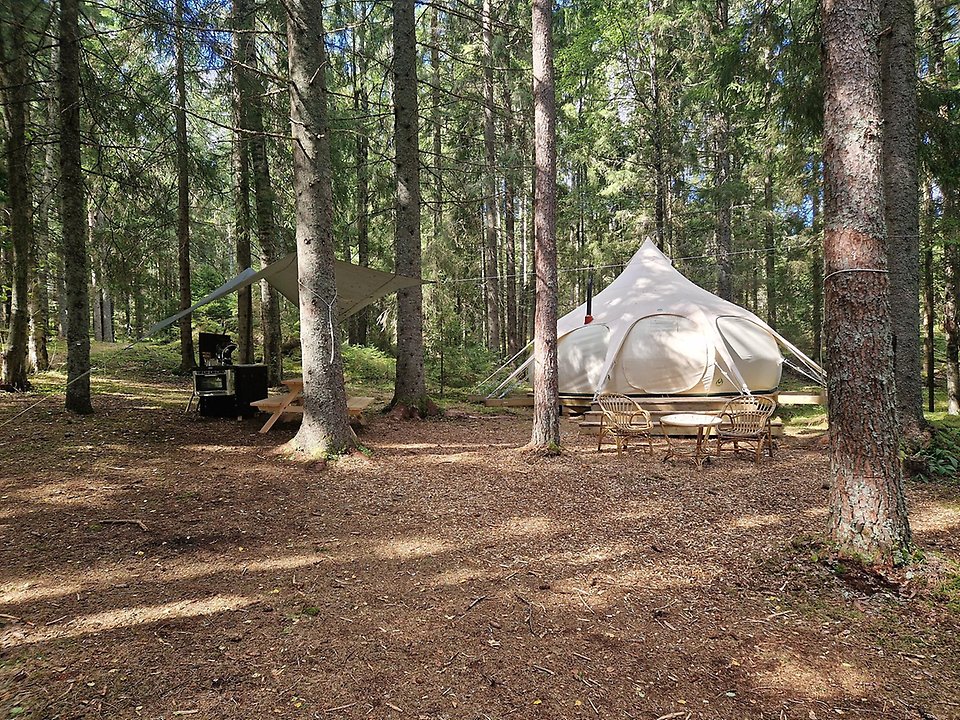 Vy över campingyta i skogen där ett stort tält har slagits upp
